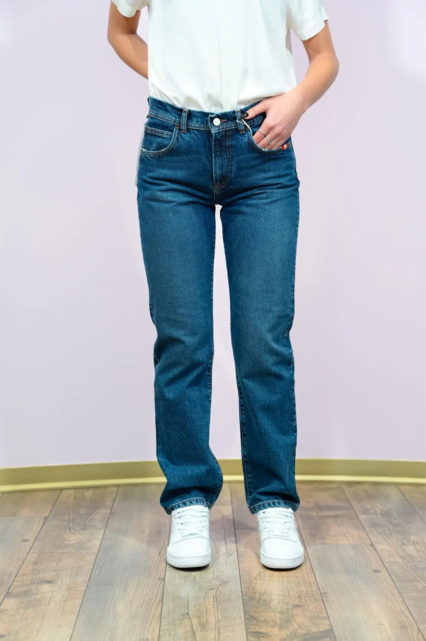 Jeans Tyra Woman Amish - Gamba Dritta a Vita Alta in True Blue