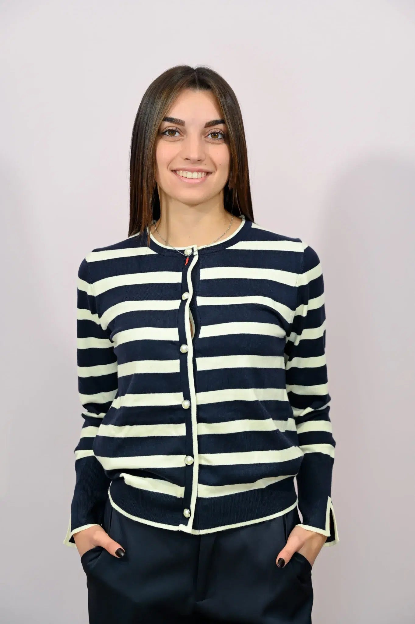 Cardigan a Righe con Bottoni Perle Two Way blu-panna