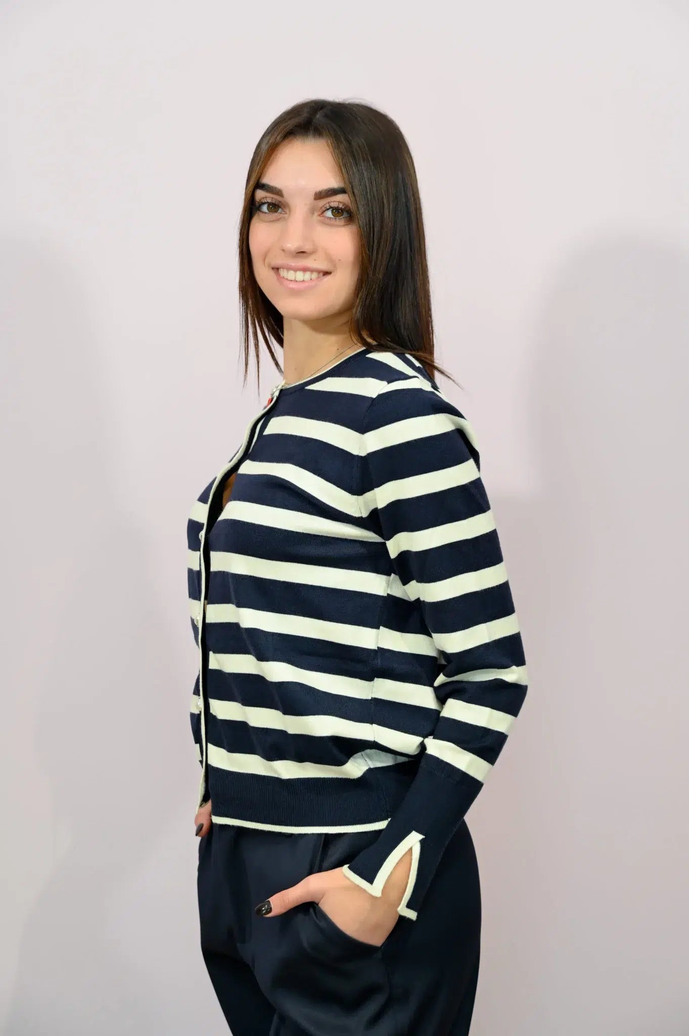 Cardigan a Righe con Bottoni Perle Two Way blu-panna