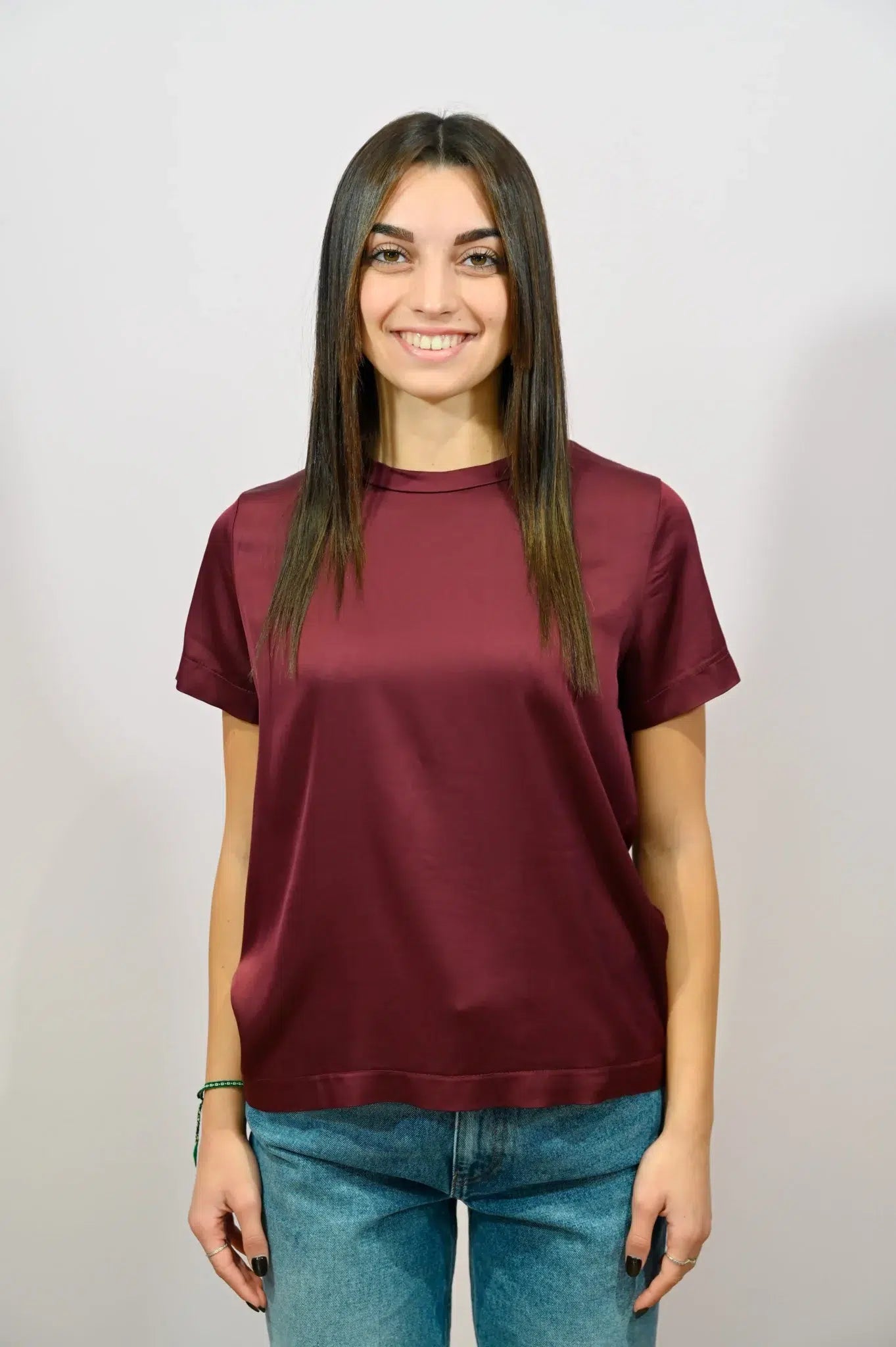 T-Shirt Effetto Raso Two Way Bordeaux e Panna