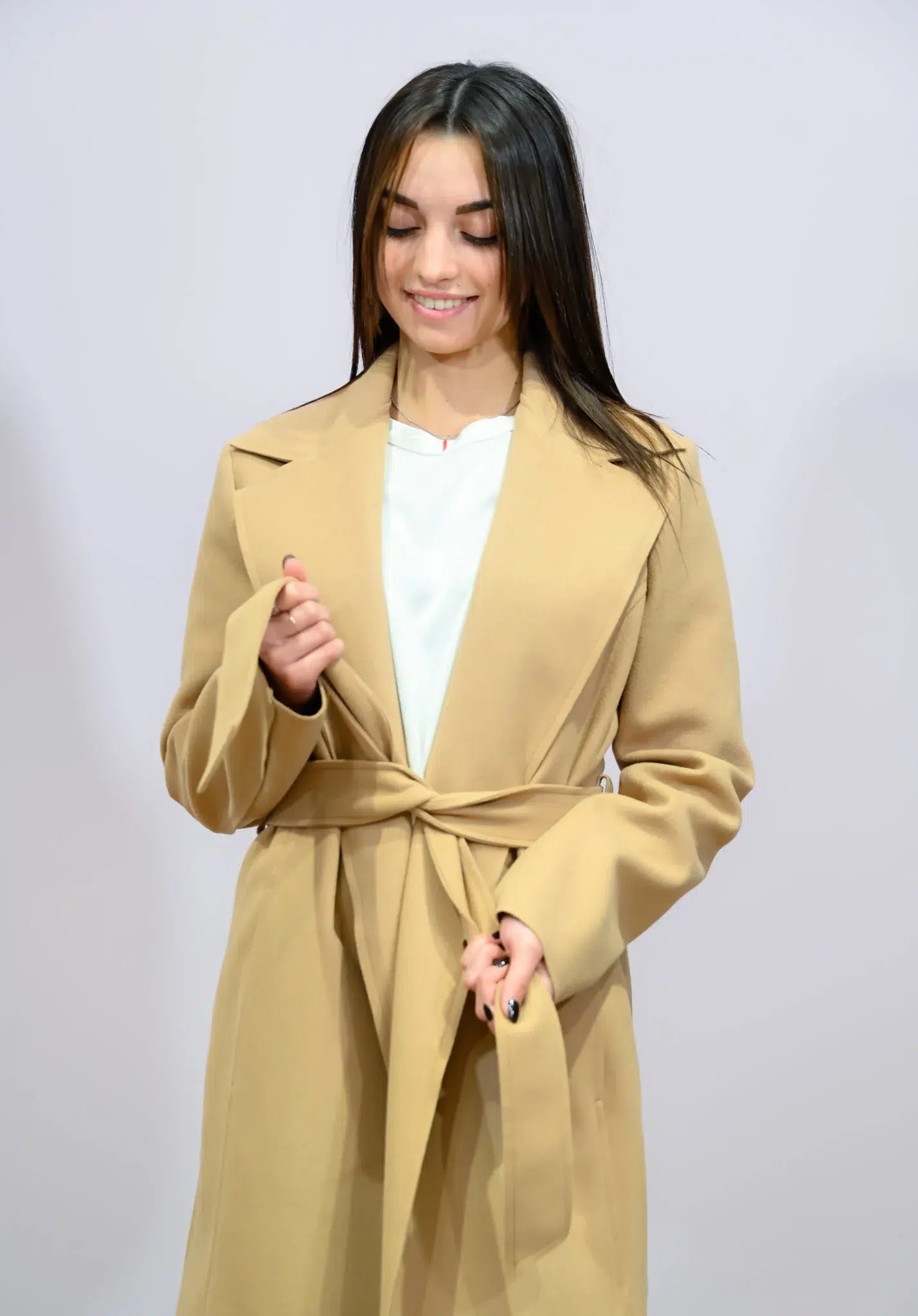 Cappotto con Cintura Two Way Camel